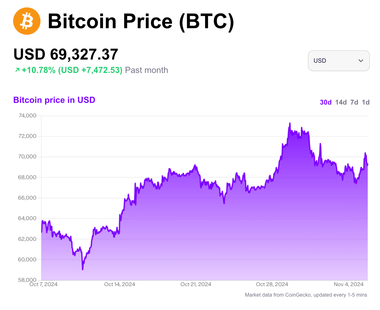 A screenshot of Bitcon's price in 2024